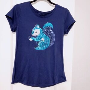 Justice Girls Navy Blue Sequin Squirrel Graphic T-Shirt Size 18 Short Sleeve Tee